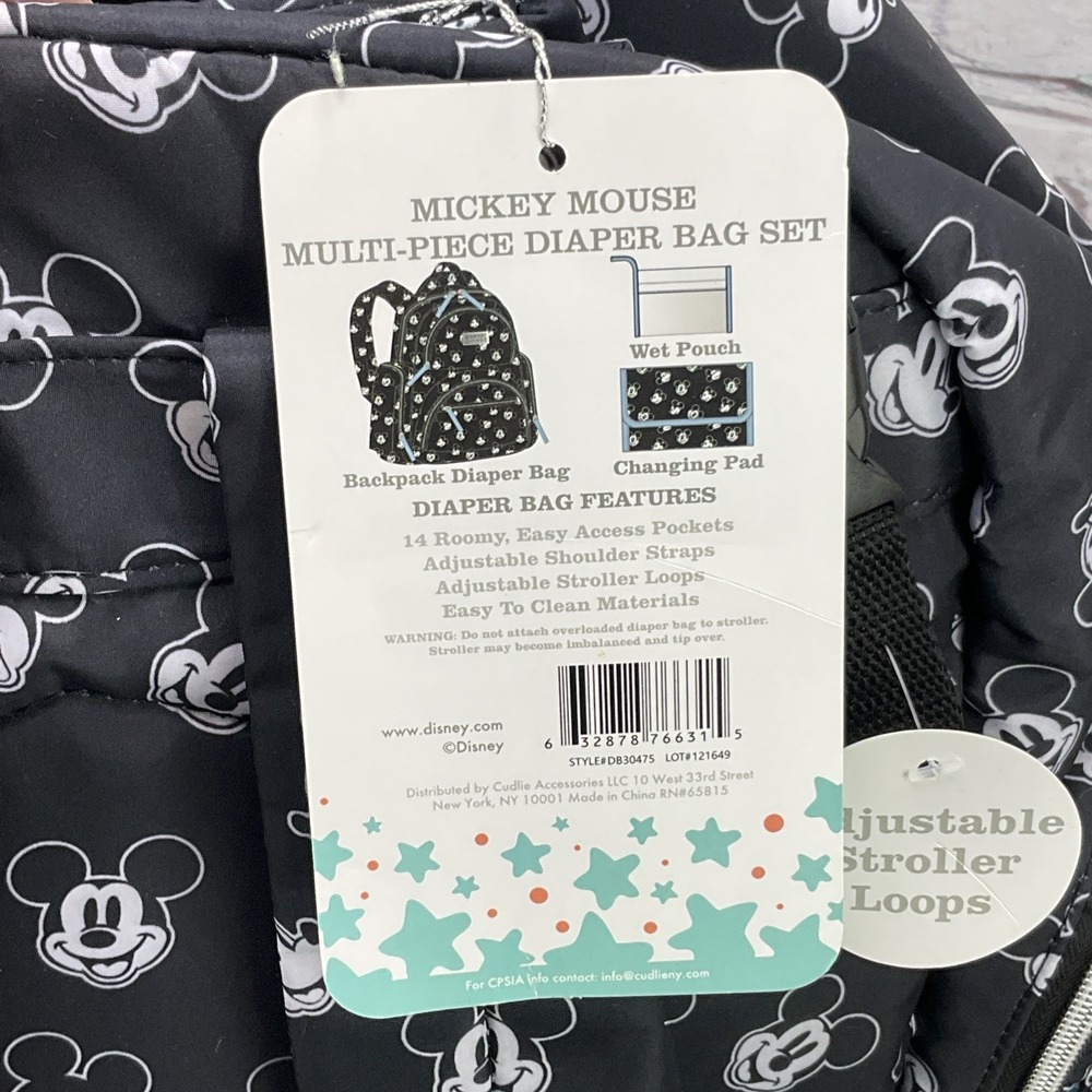 Disney Baby Black & White Mickey Mouse Multi Pc Diaper Bag Backpack w/14 Pockets - Picture 9 of 10